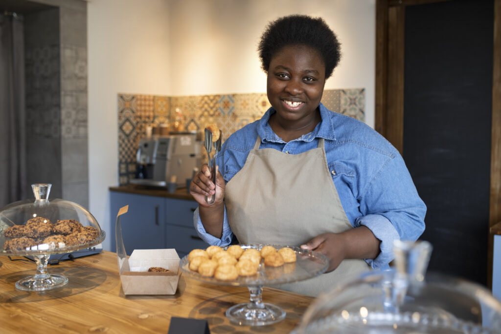 front view smiley woman running business